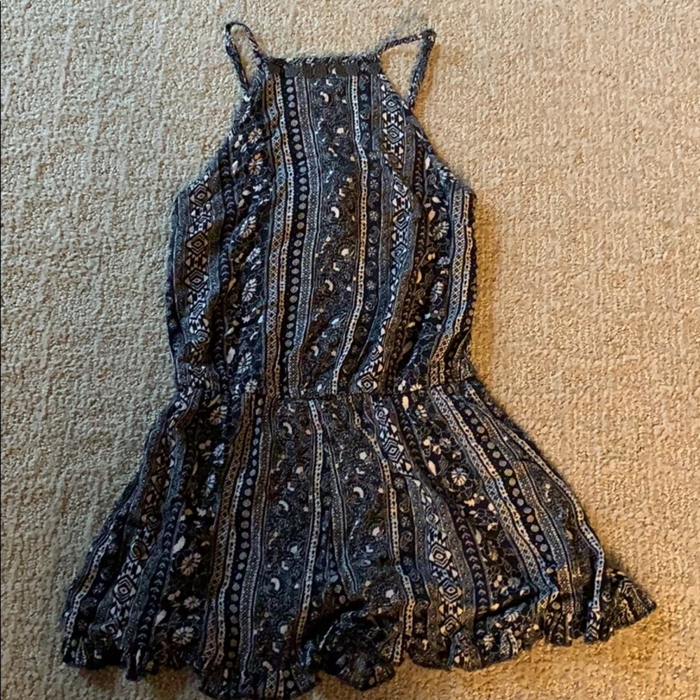 navy blue and white pattern romper